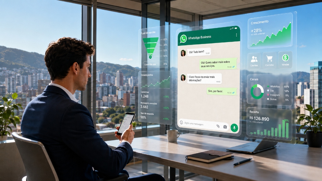 Cobranças por Mensagens no WhatsApp: empresário analisando dados comerciais e funil de vendas pelo WhatsApp | Insights Retarget